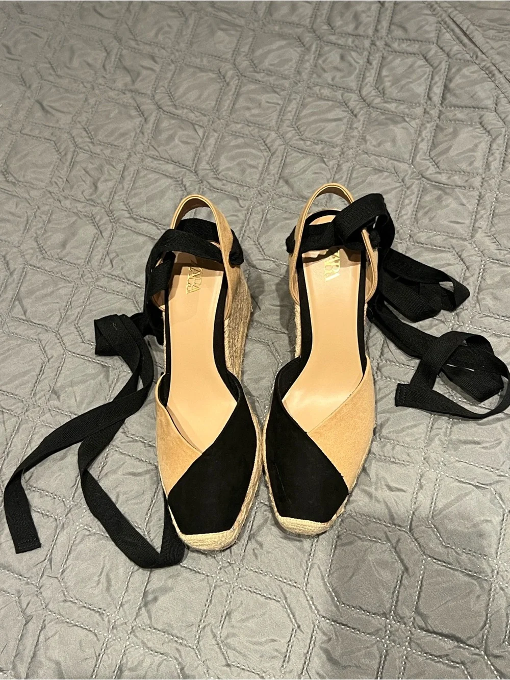 Zara Black and Tan Suede Preppy Espadrille Wedge Sandals with Wrap Ankle Ties